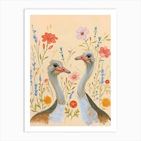 Folksy Floral Animal Drawing Ostrich 2 Art Print