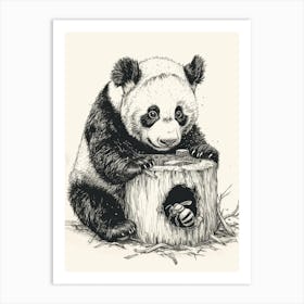 Giant Panda Cub Playing With A Beehive Ink Illustration 1 Art Print