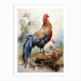 Rooster, Japanese Brush Painting, Ukiyo E, Minimal 2 Art Print