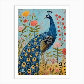 Floral Folky Peacock In The Meadow 4 Art Print