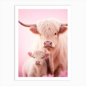 Highland Cow With Calf Pink Portrait Art Print