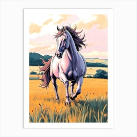 Pink Color Horse Run In The Gras Art Print