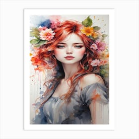 Red Haired Girl With Flowers Art Print