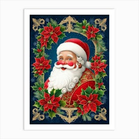 Santa Claus With Poinsettias Style William Morris Art Print