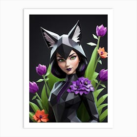 Low Poly Floral Fox Girl, Green (2) Art Print