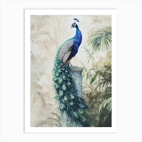 Peacock With Tropical Leaves Watercolour Art Print