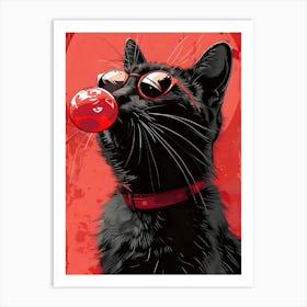 Black Cat With Red Bubble Gum Art Print