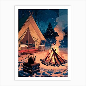 Anime Canvas Art: Cozy Winter Campfire Scene with Glowing Tent and Falling Snow, Perfect for Lofi Aesthetic and Nature Lovers. Art Print