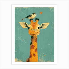 Small Joyful Giraffe With A Bird On Its Head 16 Art Print