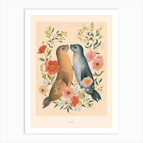 Folksy Floral Animal Drawing Seal 1 Poster Art Print