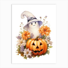 Cute Ghost With Pumpkins Halloween Watercolour 134 Art Print