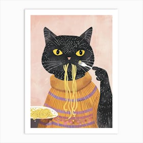 Cute Black Cat Eating Pasta Folk Illustration 4 Art Print