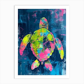 Pink & Green Sea Turtle On Blue Background Art Print