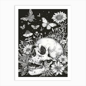 Dark Gothic Skull And Flowers Art Print