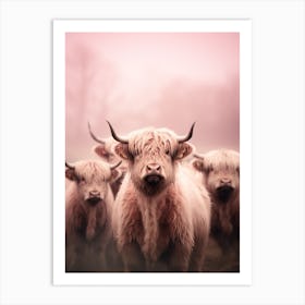 Blush Pink Highland Cows In The Rain 1 Art Print