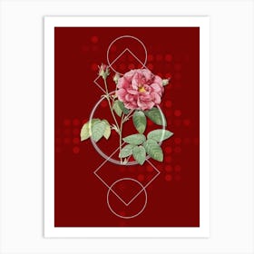 Vintage French Rose Botanical with Geometric Line Motif and Dot Pattern n.0124 Art Print
