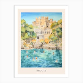 Swimming In Rhodes Greece 2 Watercolour Poster Art Print