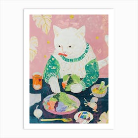 White Cat Salad Lover Folk Illustration 2 Art Print