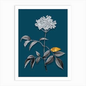 Vintage Elderflower Tree Black and White Gold Leaf Floral Art on Teal Blue Art Print
