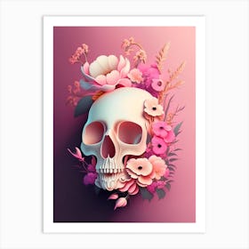 Skull With Celestial Themes Pink Vintage Floral Art Print