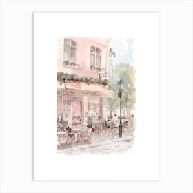 Paris Street Cafe Scene Pink Illustration Watercolour Art Print