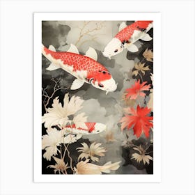 Red Koi Fish Watercolour With Botanicals Art Print