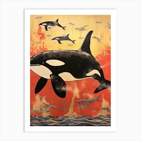 Orca, Woodblock Animal  Drawing 3 Art Print