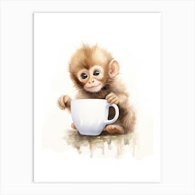 Monkey Painting Drinking Tea Watercolour 3 Art Print