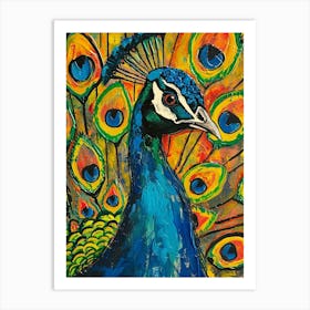 Peacock & Feathers Colourful Portrait 6 Art Print