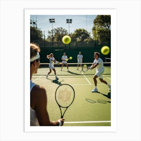 An Energetic Tennis Match In Progress At An Outdoor Courts Players Lobbing Yellow Tennis Balls With (5) Art Print