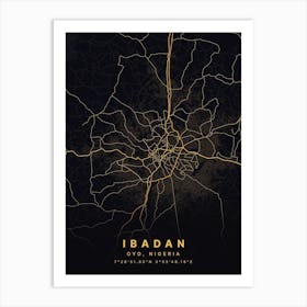 Ibadan Oyo Nigeria Black And Gold Map Art Print