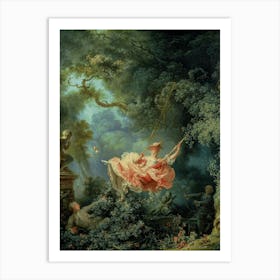 The Swing by Jean-Honoré Fragonard, Rococo Elegance and Romantic Whimsy Jean-Honoré Fragonard's The Swing (1767) epitomizes the Rococo style and romantic whimsy with its playful, sensual, and intricate depiction of a secret love affair. A young woman, elegantly dressed, swings exuberantly while her shoe flies toward a statue of Cupid, symbolizing erotic love, as her hidden lover gazes up from the bushes and an oblivious older man pushes the swing. The lush garden setting, rich with light and detail, creates a romantic yet ironic atmosphere, heightened by symbols like the swing (fickleness) and a dog (fidelity). Celebrated for its dynamic composition and narrative intrigue, the painting’s humor, sensuality, and technical mastery have made it an enduring icon of 18th-century art. Jean-Honoré Fragonard's The Swing is currently housed in the Wallace Collection in London, England. Art Print