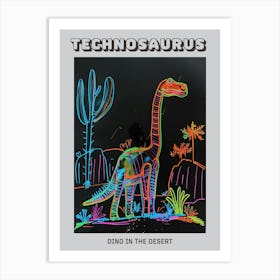 Neon Dinosaur Line Drawing In The Desert Poster Art Print