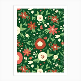 Abstract Scandinavian Floral Christmas Red, White, Green Art Print