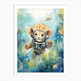 Scuba Diving Watercolour Lion Art Painting 1 Art Print