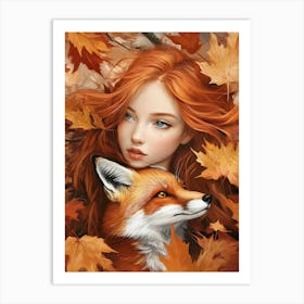 Autumn Girl With Fox 1 Art Print