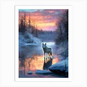 A wolf on a frozen river Art Print