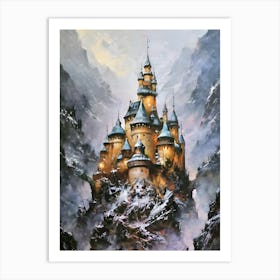 Castle In The Snow, winter, castle,a breathtaking landscape scenery,multilayer view,enchanted stunning visually,dark influenza,ink v3,oil on linen ,oil on canvas,hyperrealism, artistic masterwork,perfect painting,soft color,inspired by wadim kashin, 1 Art Print