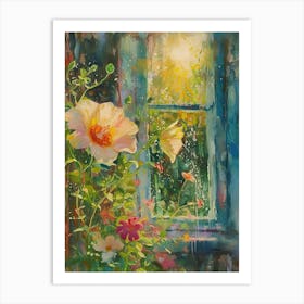 Hibiscus Flowers On A Cottage Window 1 Art Print