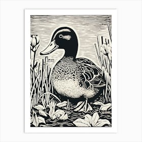 B&W Bird Linocut Mallard Duck Art Print