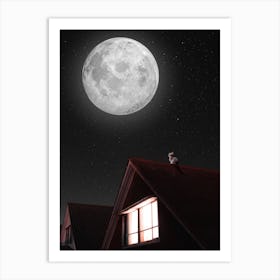 Cat On A Roof And Moon Art Print