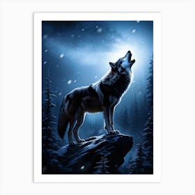 Howling Wolf Center Frame Midnight Wilderness Backdrop Full Moon Casting Silver Illumination Thro (5) Art Print