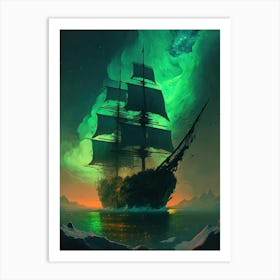 Pirate Ghost Ship with Green Sky Sunset Art Print