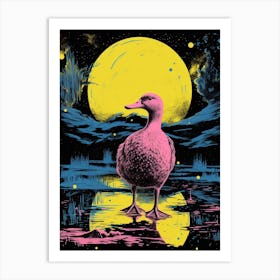 Pink Duck In The Moonlight Linocut Inspired Art Print