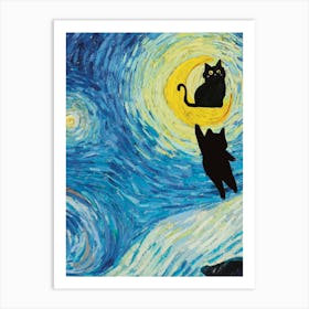 Cat At The Starry Night Art Print