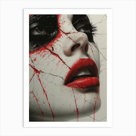 Cracked Realities: Red Ink Rendition Inspired by Chevrier and Gillen: Woman With Blood On Her Face Art Print