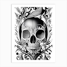 Skull With Bird Motifs Black And White 1 Line Drawing Art Print