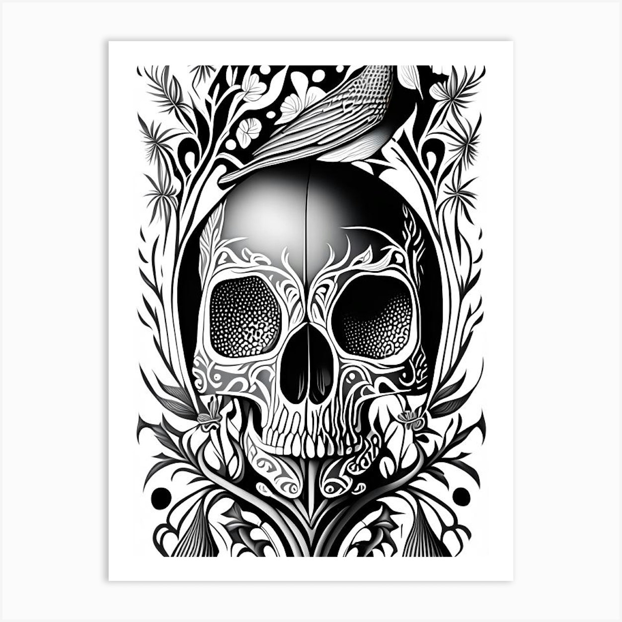 Black and white Skull and Roses Art Print