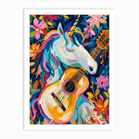 Unicorn Playing Acoustic Guitar Floral Fauvism Art Print
