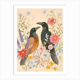 Folksy Floral Animal Drawing Raven 4 Art Print